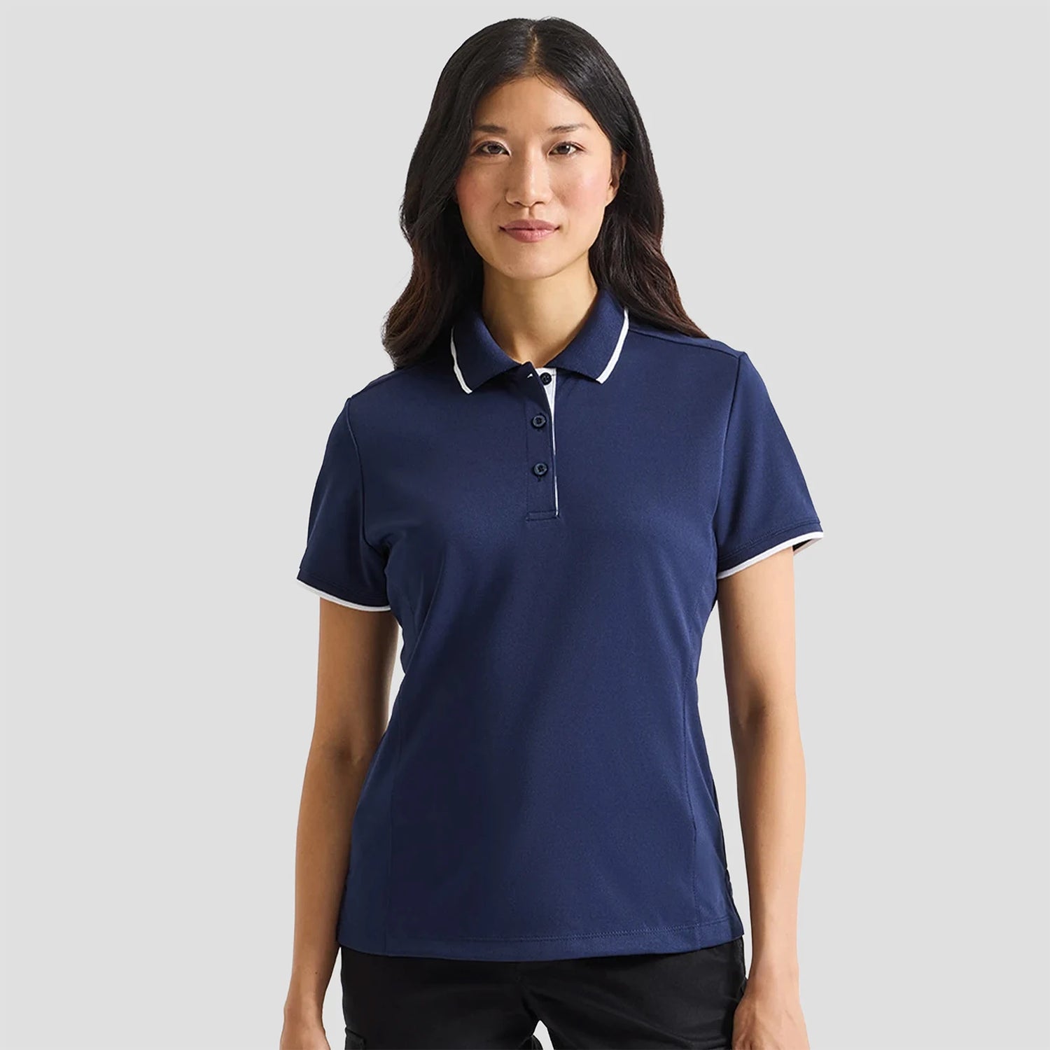 Model wearing the Premier Ladies Contrast Coolchecker® Piqué Polo Shirt PR619