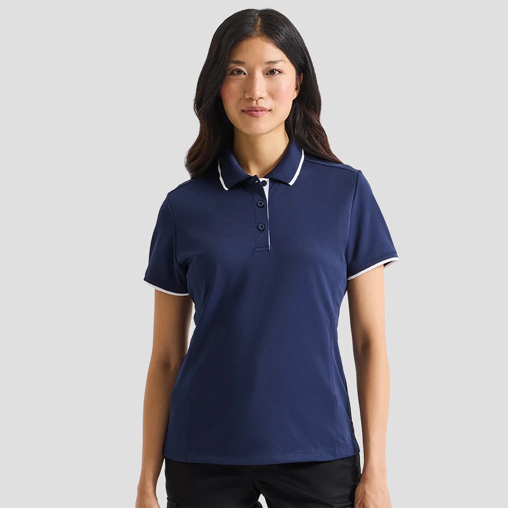 Model wearing the Premier Ladies Contrast Coolchecker® Piqué Polo Shirt PR619