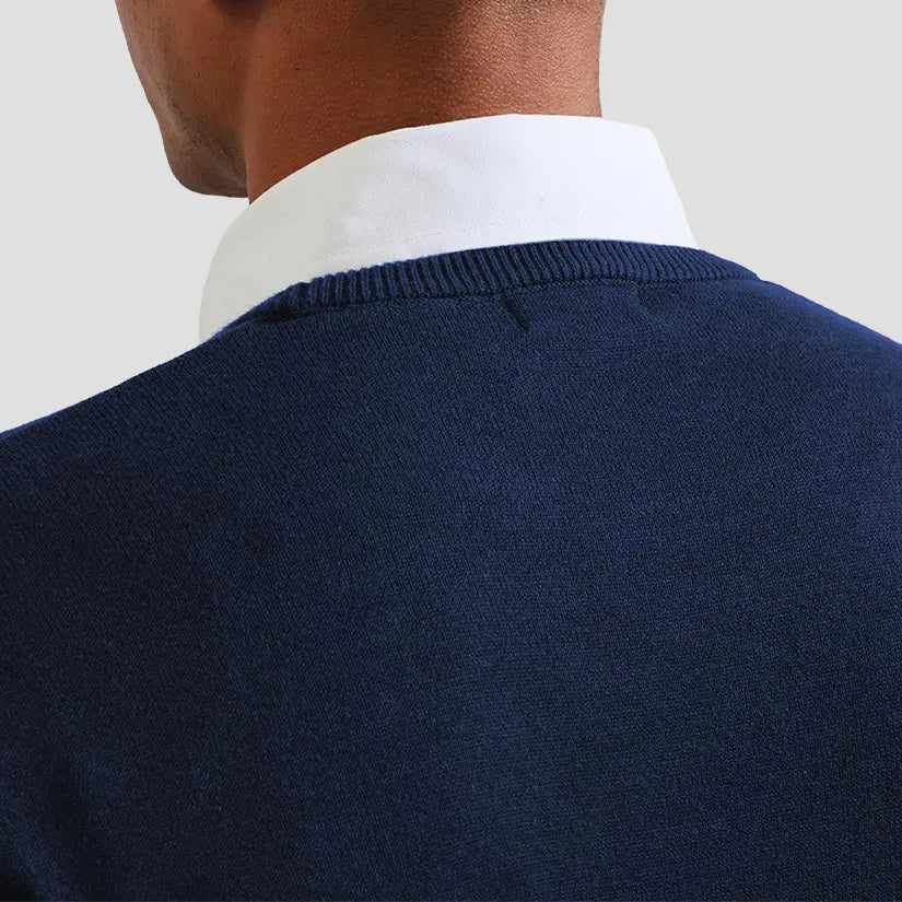 Back neck view of model wearing the Premier Cotton Rich Crew Neck Sweater PR692.