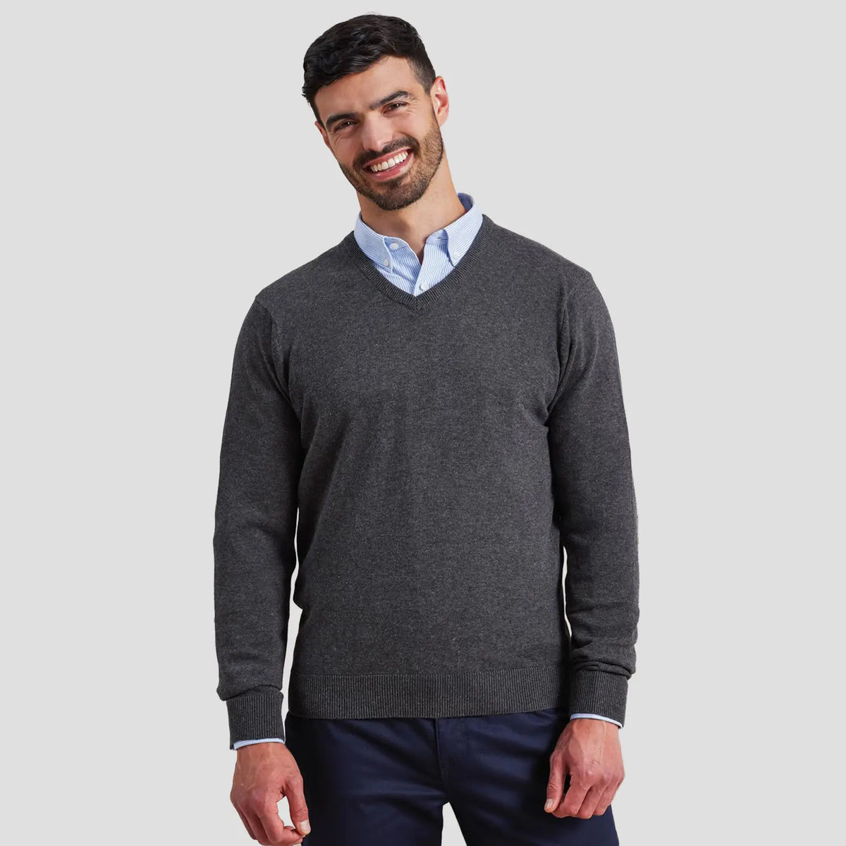 Model wearing the Premier Knitted Cotton Acrylic V Neck Sweater PR694.