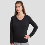 Model wearing the Premier Ladies Knitted Cotton Acrylic V Neck Sweater PR696.