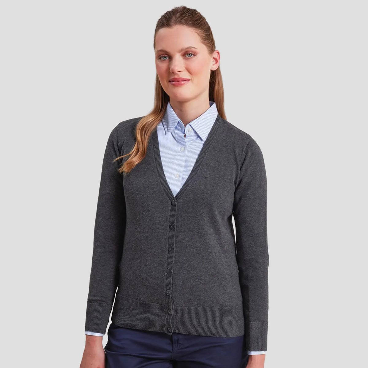 Model wearing the Premier Ladies Cotton Acrylic V Neck Cardigan PR697.