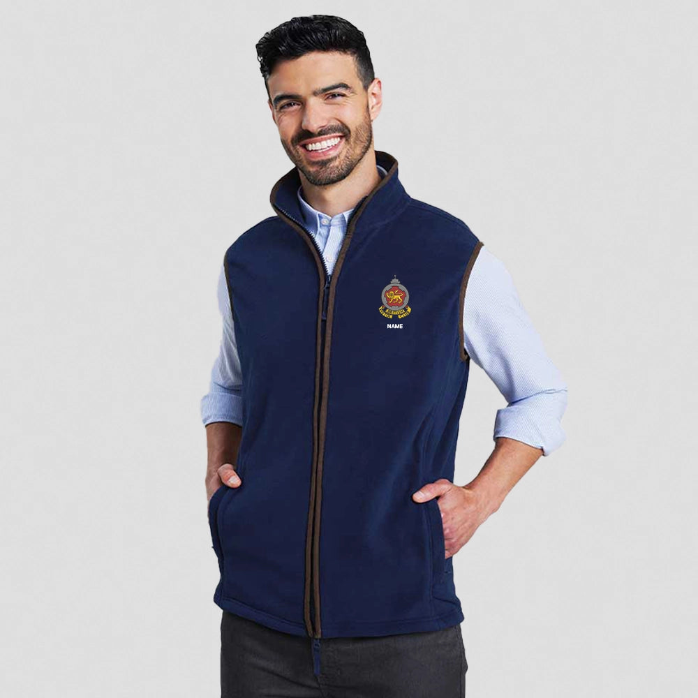 model wearing British Pistol Club Fleece Gilet