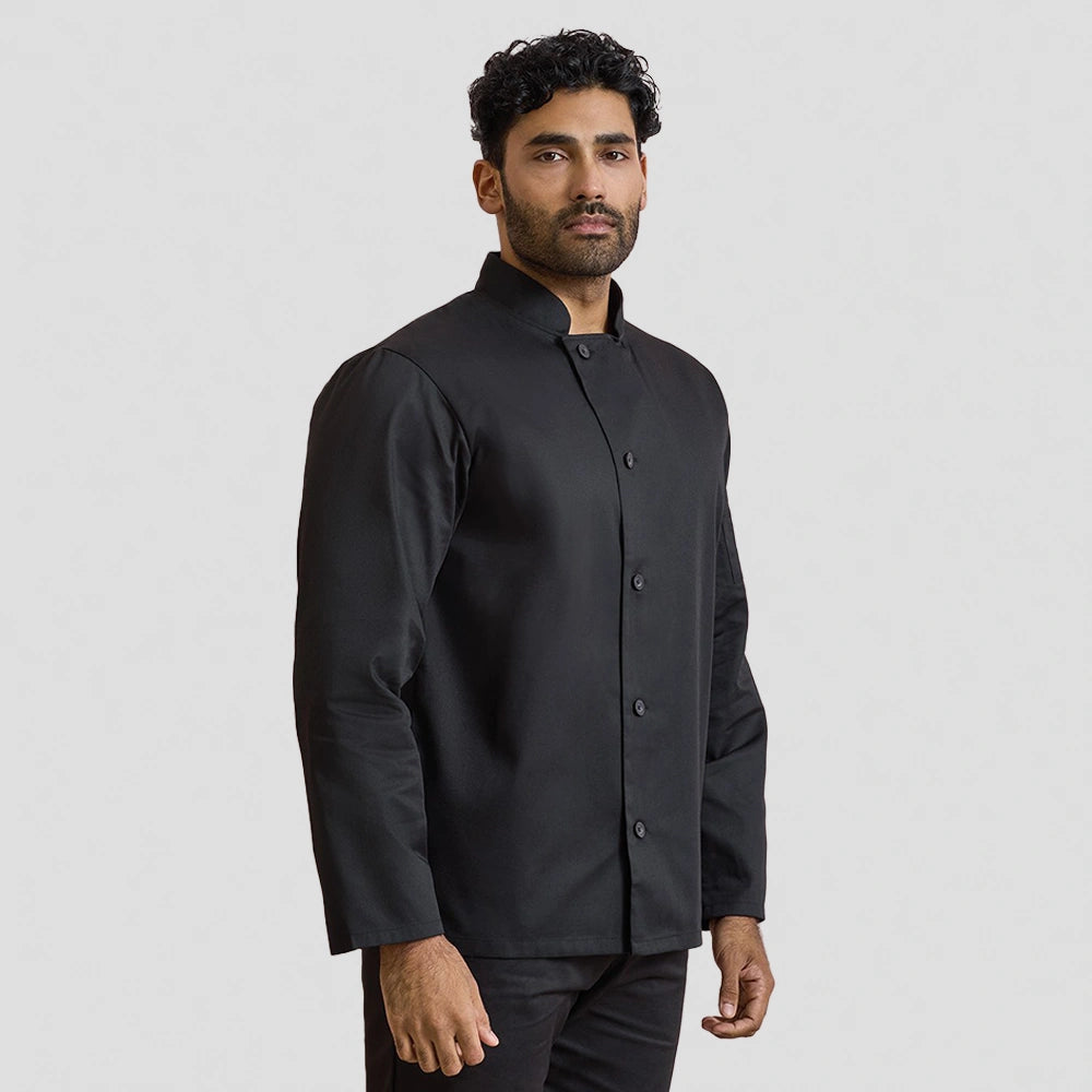 model wearing Essential Long Sleeve Chef's Jacket in black
