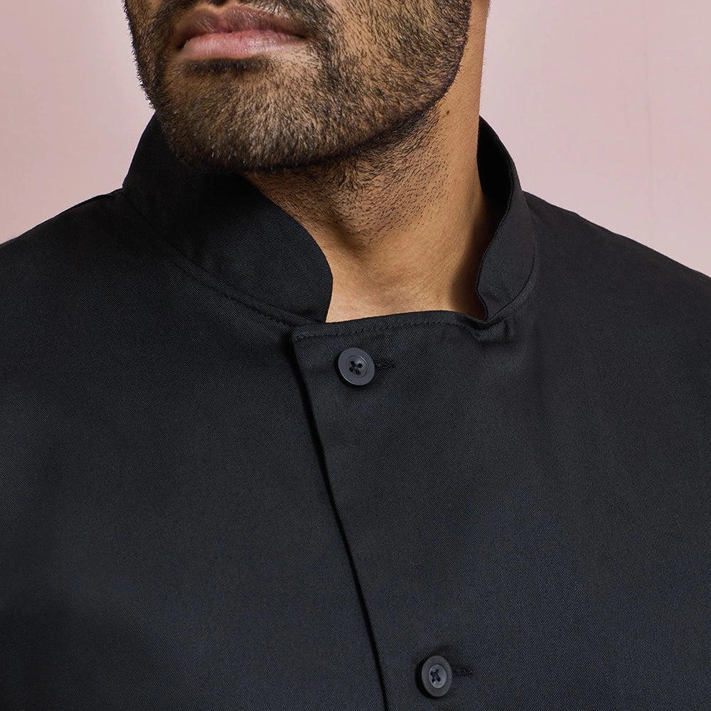 collar and button detail on Essential Long Sleeve Chef's Jacket