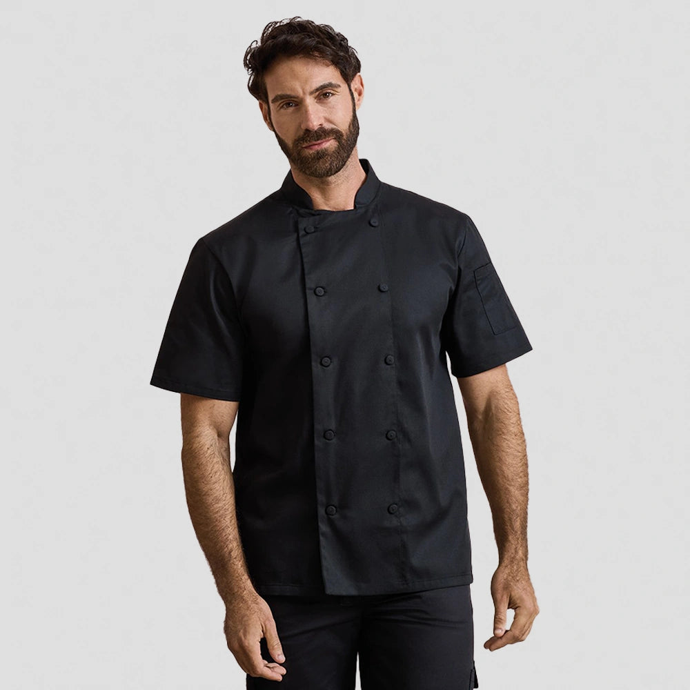 model wearing Coolchecker® Short Sleeve Chef's Jacket in black