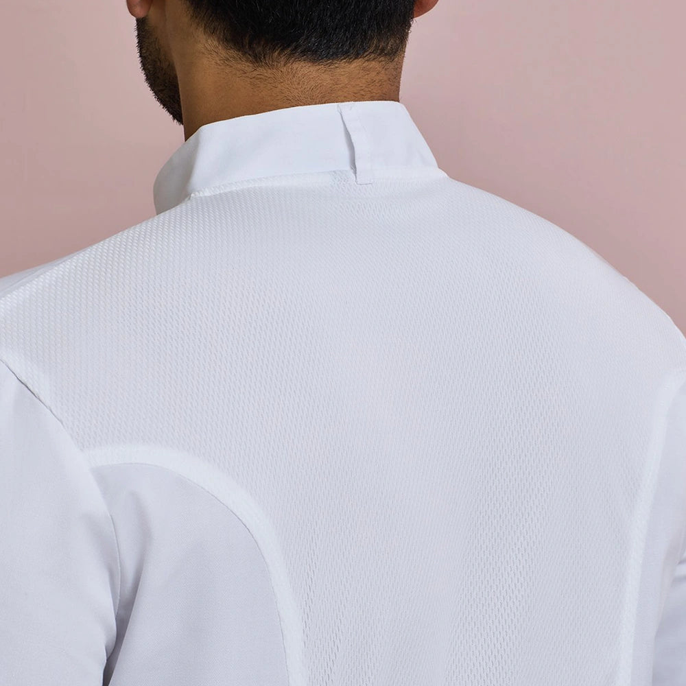 close up back view of white Coolchecker® Long Sleeve Chef's Jacket