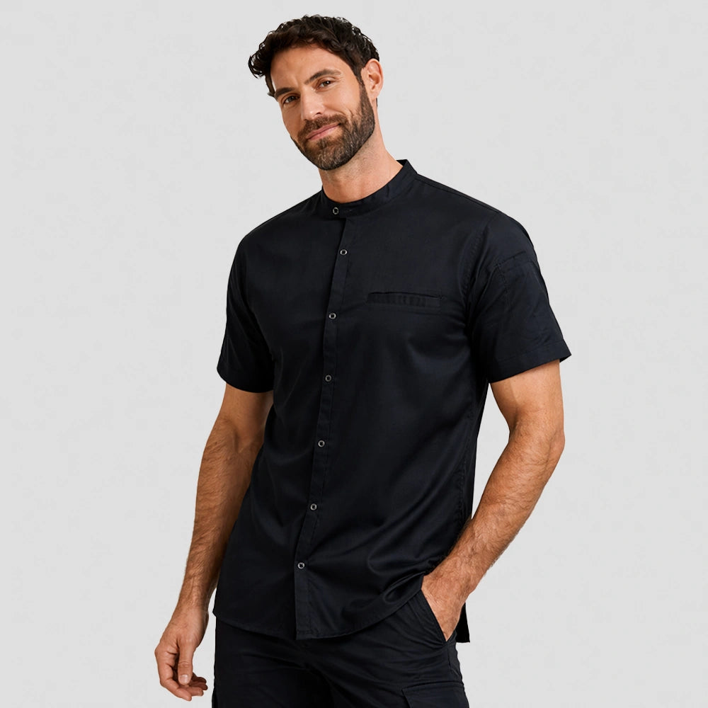 model wearing Recyclight® Short Sleeve Chef's Shirt in black