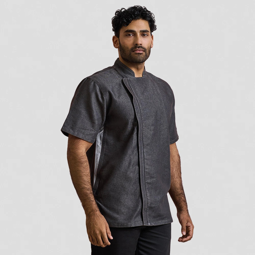 model wearing Premier Short Sleeve Zipped Chef's Jacket