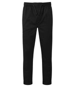 A pair of black chef's cargo trousers with an elasticated waistband and drawcord, featuring mock fly, a right thigh and rear pocket, and a tapered lower leg with optional turn-up hems.