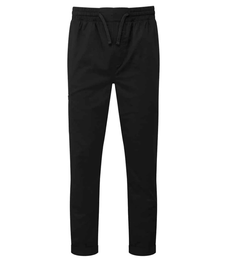 A pair of black chef's cargo trousers with an elasticated waistband and drawcord, featuring mock fly, a right thigh and rear pocket, and a tapered lower leg with optional turn-up hems.