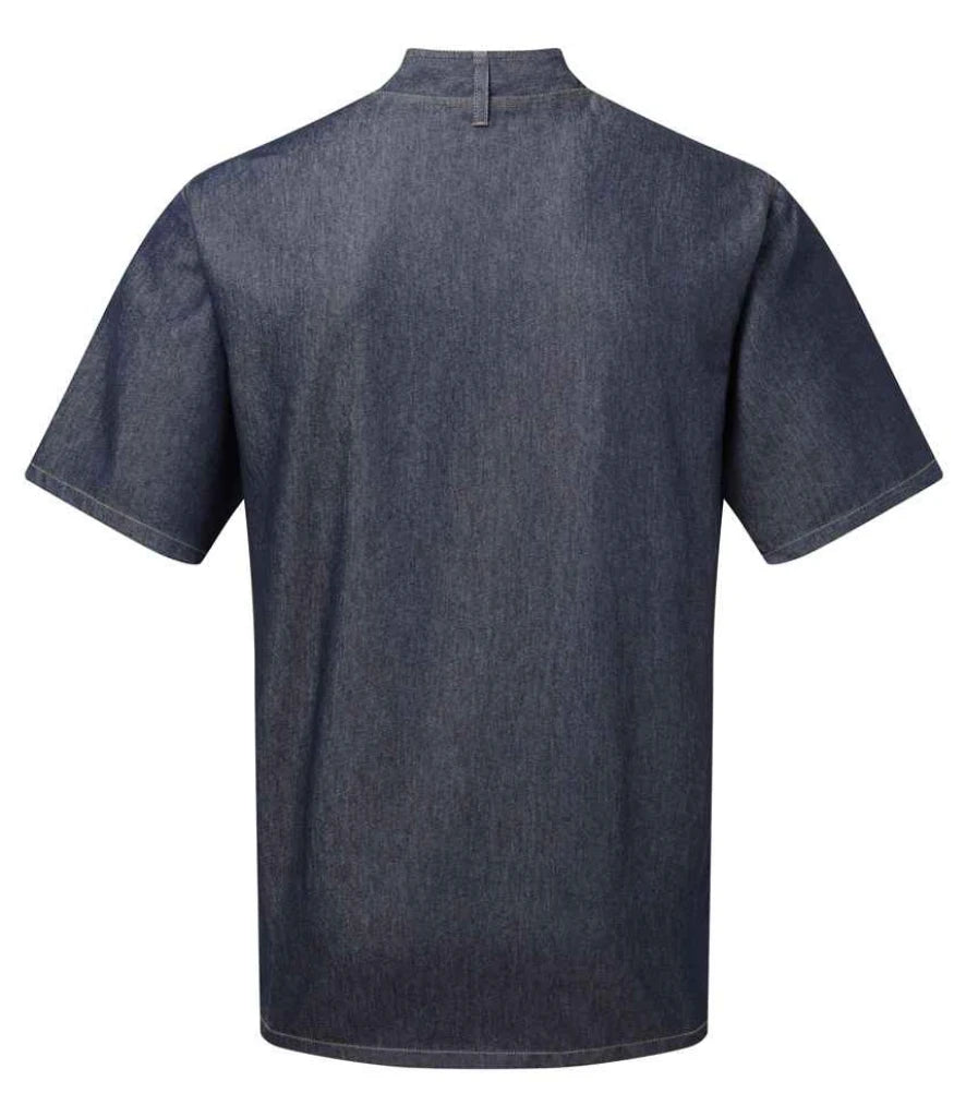 Back view of an indigo denim Premier Zipped Chefs Jacket