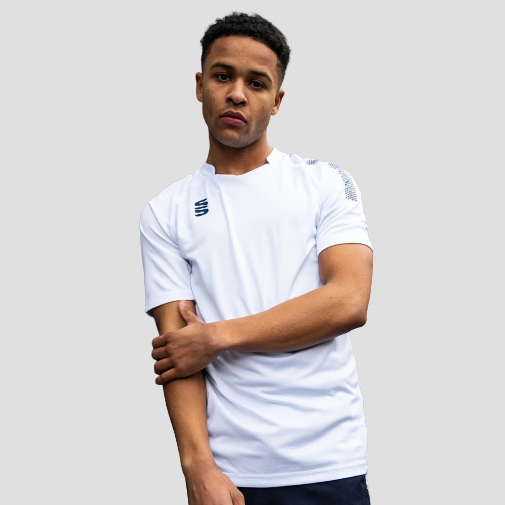 Clip of Model wearing Stuart Surridge Dual Games Shirt - White