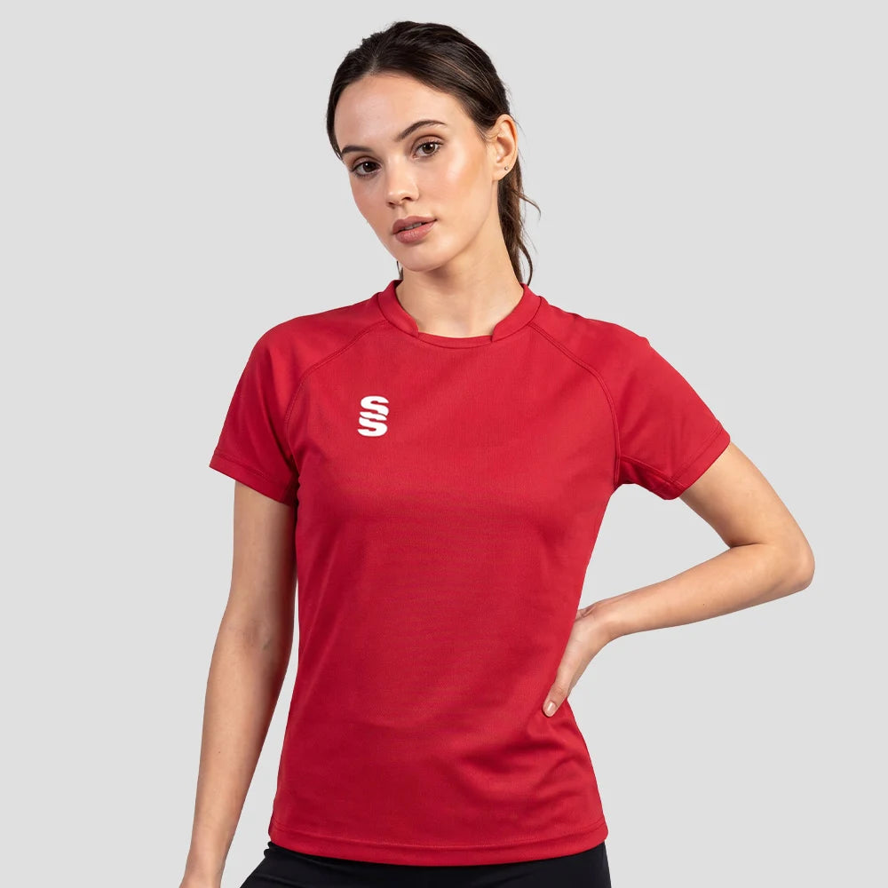 Clip of Model wearing the Stuart Surridge Dual Games Shirt - Women's Fit - Red