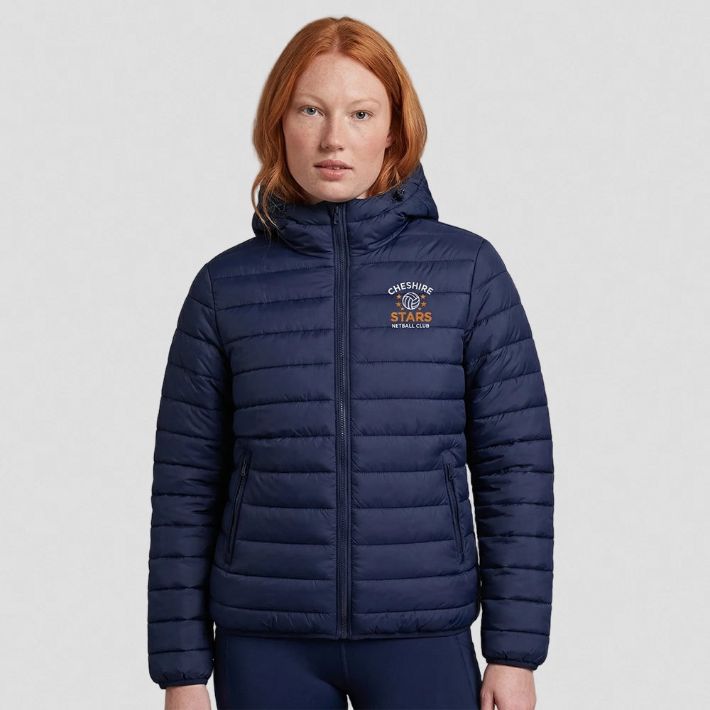 model wearing Cheshire Stars Netball Club Padded Jacket – Adult