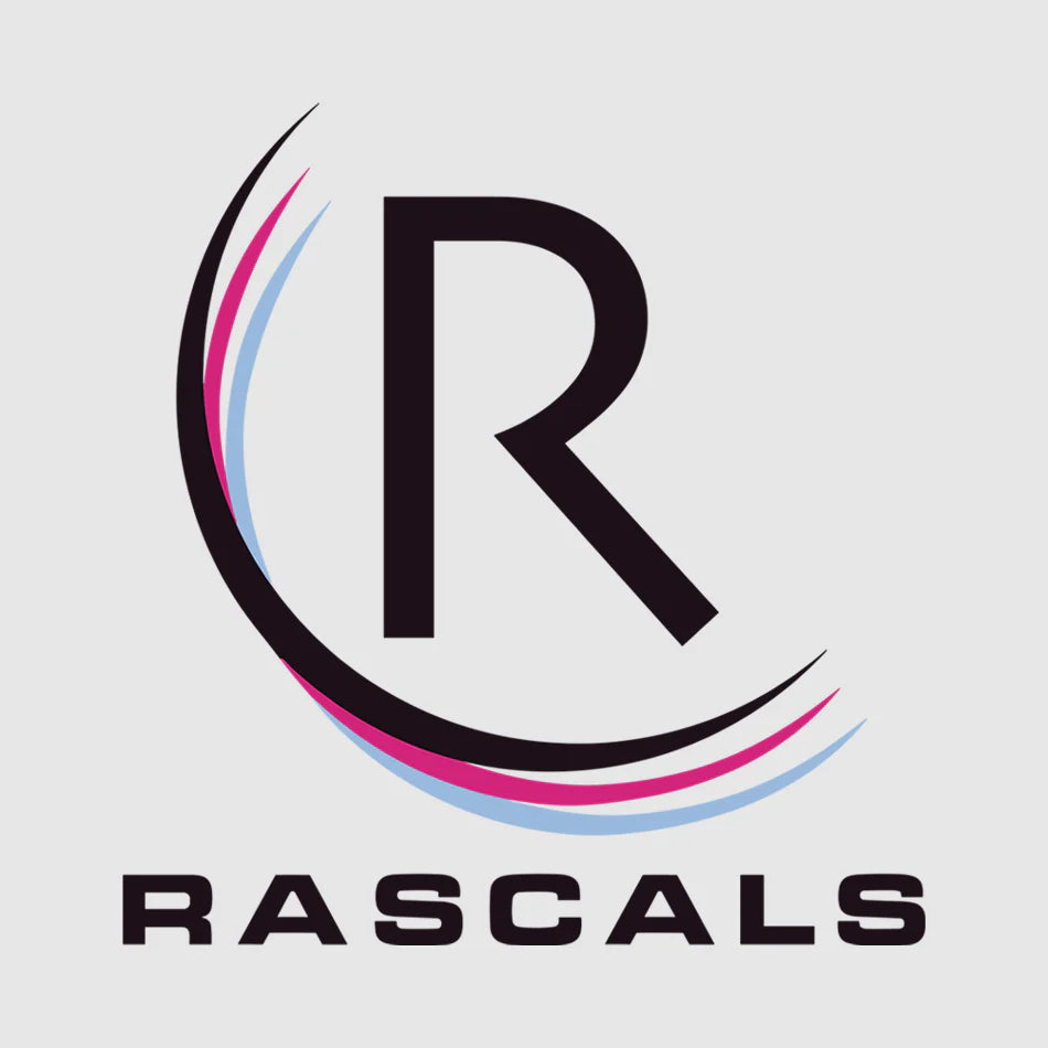 Rascals Rugby sevens logo, modern black letter R design with curved pink and blue stripes, representing the official kit branding for Rascals Rugby 7’s Team based in Cheshire.