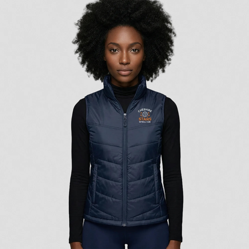 model wearing Cheshire Stars Netball Club Gilet - Adults