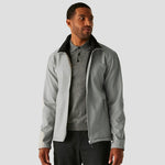 Model wearing the RG371 Regatta Ascender Two Layer Soft Shell Jacket in Mineral Grey in a casual fashion