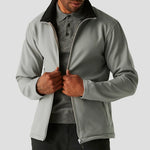 Model wearing the RG371 Regatta Ascender Two Layer Soft Shell Jacket in Mineral Grey in an open fashiom