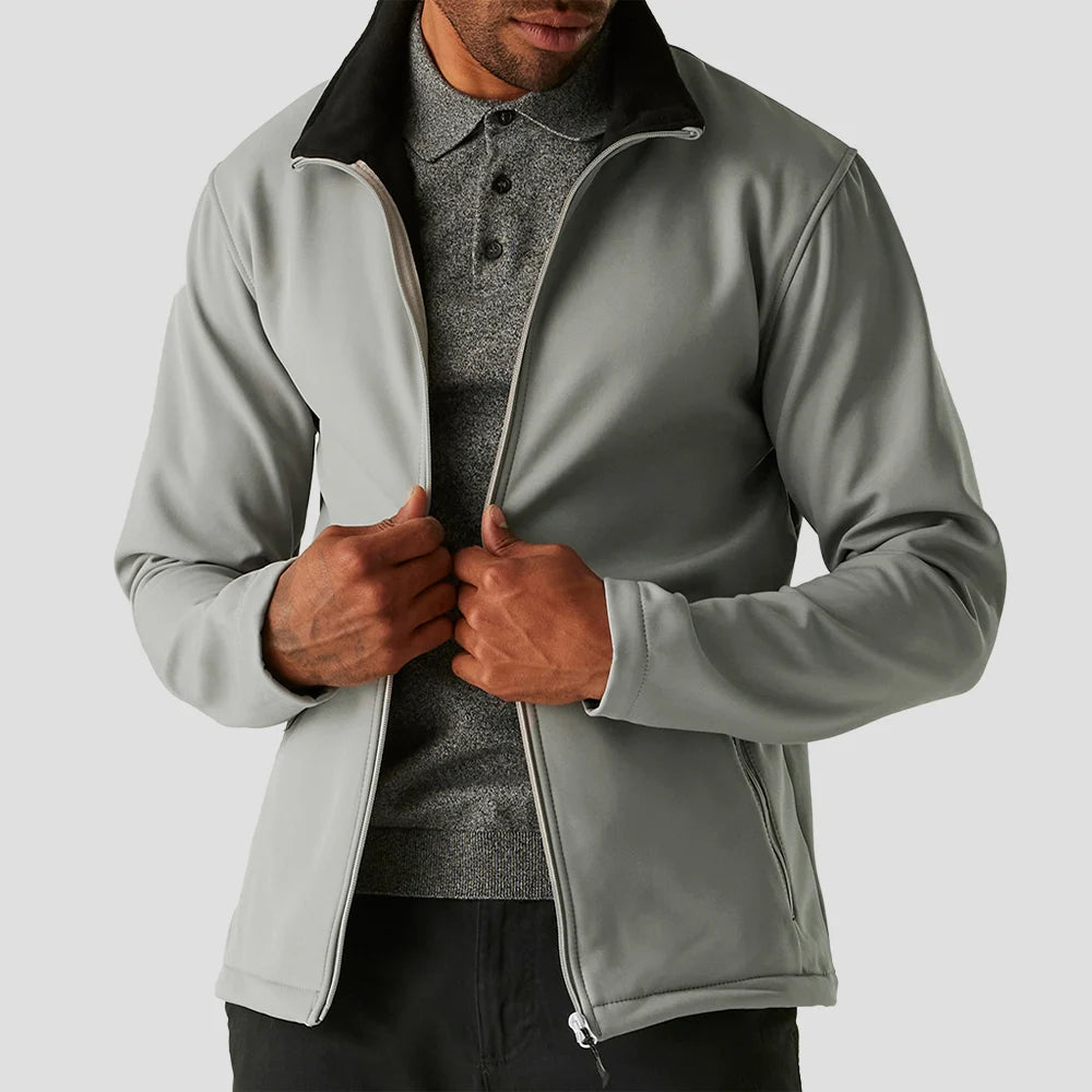 Model wearing the RG371 Regatta Ascender Two Layer Soft Shell Jacket in Mineral Grey in an open fashiom