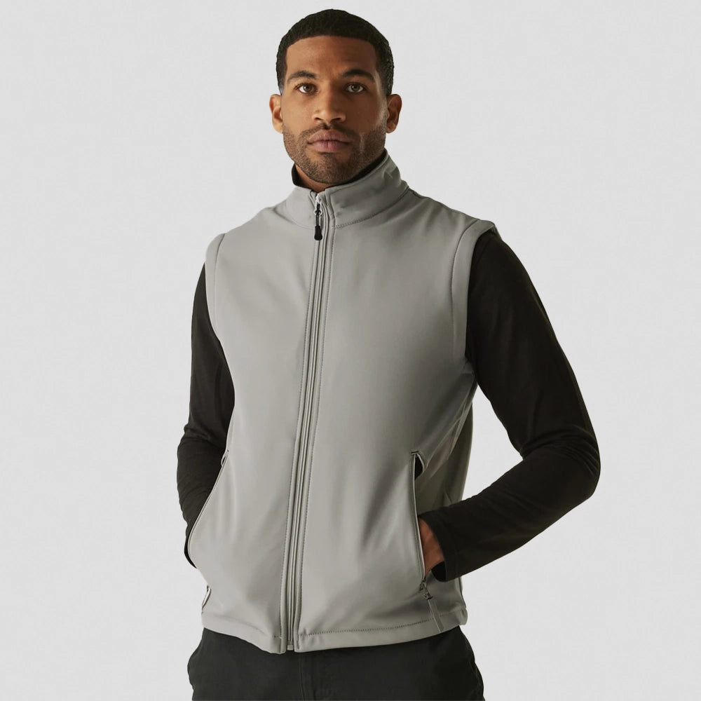 model wearing mineral grey Regatta RG372 (TRA925) Ascender Two Layer Soft Shell Bodywarmer