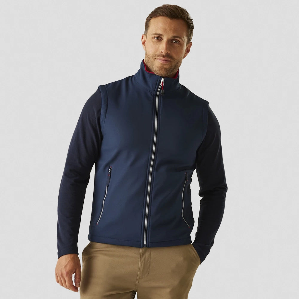 model wearing navy Regatta RG372 (TRA925) Ascender Two Layer Soft Shell Bodywarmer