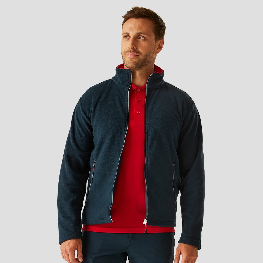 Model wearing the Regatta Ascender Fleece Jacket, open, in Navy/Red