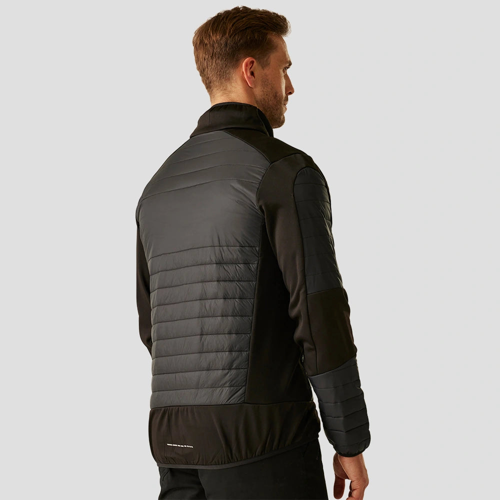 Rear view of Model wearing the Regatta E-Volve Unisex Thermal Hybrid Jacket in Ash/Black