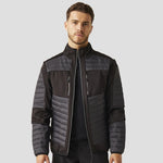 Model wearing the Regatta E-Volve Unisex Thermal Hybrid Jacket in Ash/Black