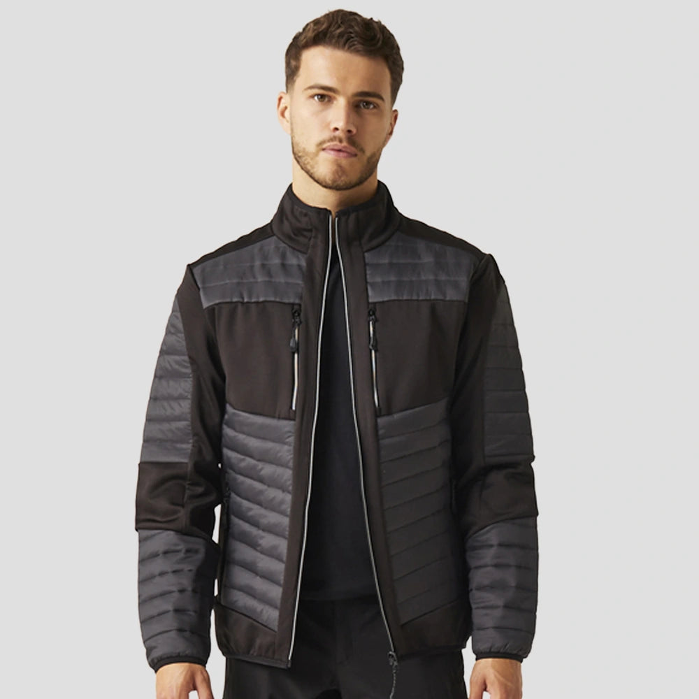 Model wearing the Regatta E-Volve Unisex Thermal Hybrid Jacket in Ash/Black