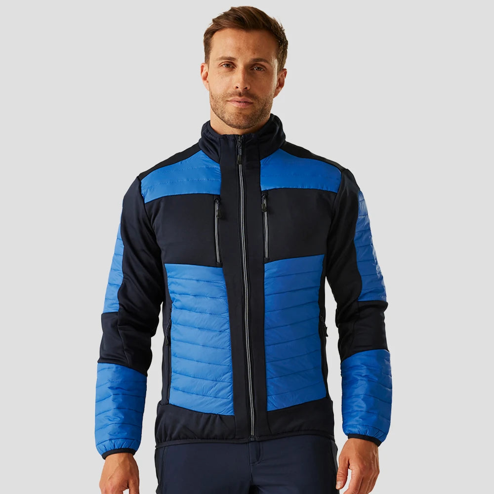 Model wearing the Regatta E-Volve Unisex Thermal Hybrid Jacket in Strong Blue/Navy