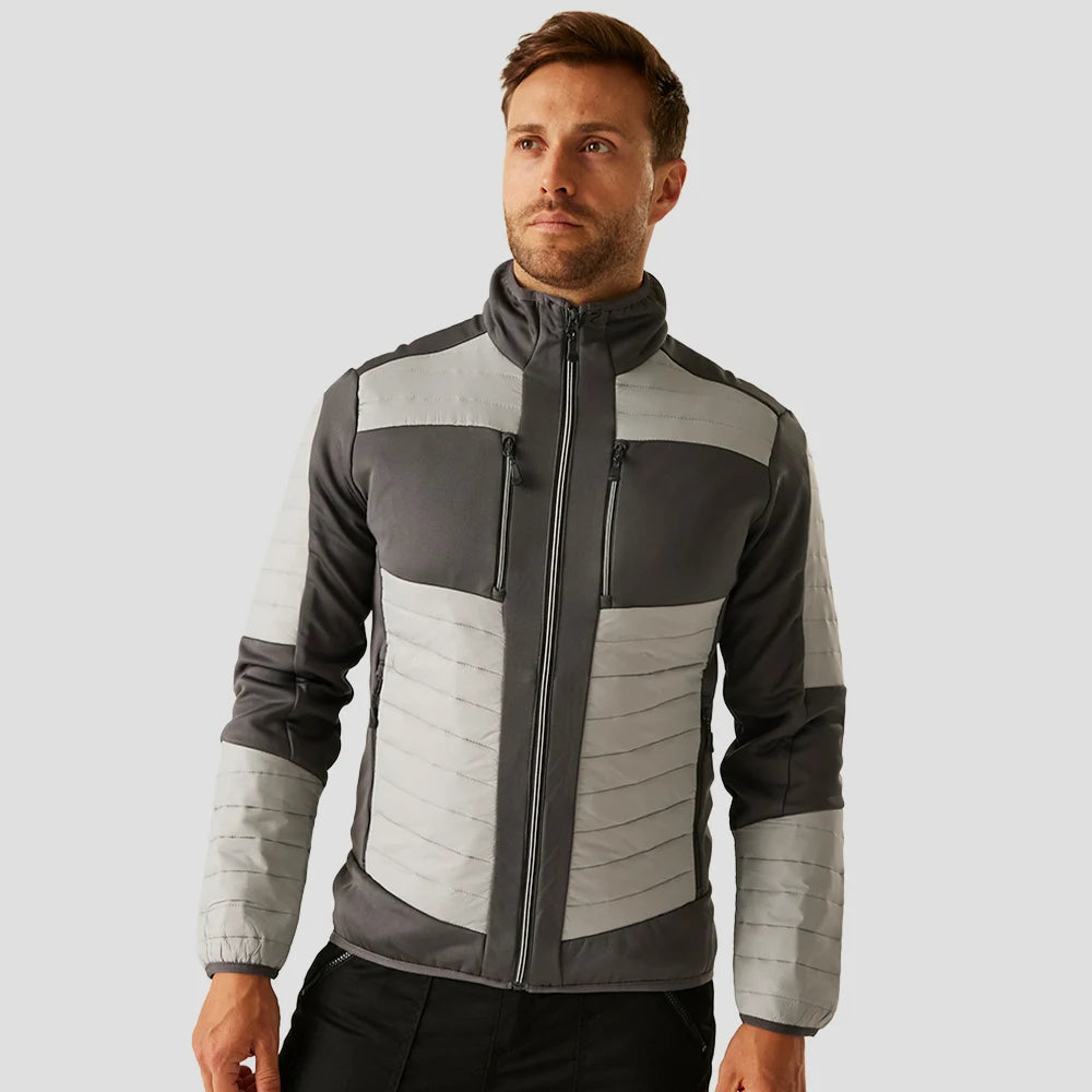 Model wearing the Regatta E-Volve Unisex Thermal Hybrid Jacket in Mineral Grey/Ash
