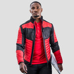 Model wearing the Regatta E-Volve Unisex Thermal Hybrid Jacket in Red/Black