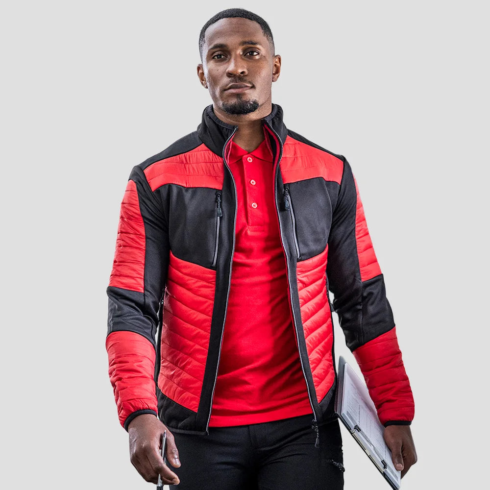 Model wearing the Regatta E-Volve Unisex Thermal Hybrid Jacket in Red/Black