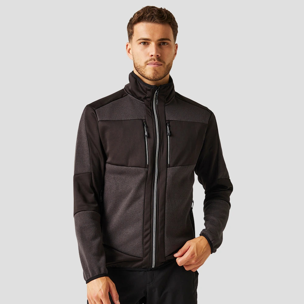 Model wearing RG382 Regatta E-Volve Unisex Knit Effect Midlayer Top in Ash / Black