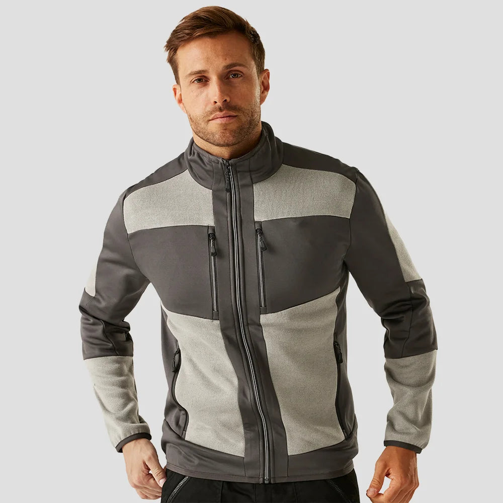 Model wearing the RG382 Regatta E-Volve Unisex Knit Effect Midlayer Top in Ash / Mineral Grey