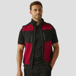 Male model wearing the Regatta E-Volve Unisex Two Layer Soft Shell Bodywarmer in Classic Red / Black