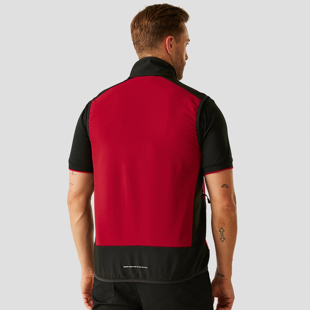 Rear view of Male model wearing the Regatta E-Volve Unisex Two Layer Soft Shell Bodywarmer in Classic Red / Black