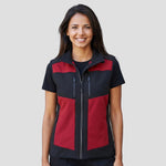 Model wearing the Regatta E-Volve Unisex Two Layer Soft Shell Bodywarmer in Classic Red / Black