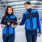 Two models wearing the Regatta E-Volve Unisex Two Layer Soft Shell Bodywarmer in Strong Blue/Navy