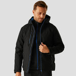 Model wearing the RG443 Regatta Navigate Waterproof Insulated Jacket in Black / New Royal