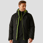 Model wearing the RG443 Regatta Navigate Waterproof Insulated Jacket in Black / Lime