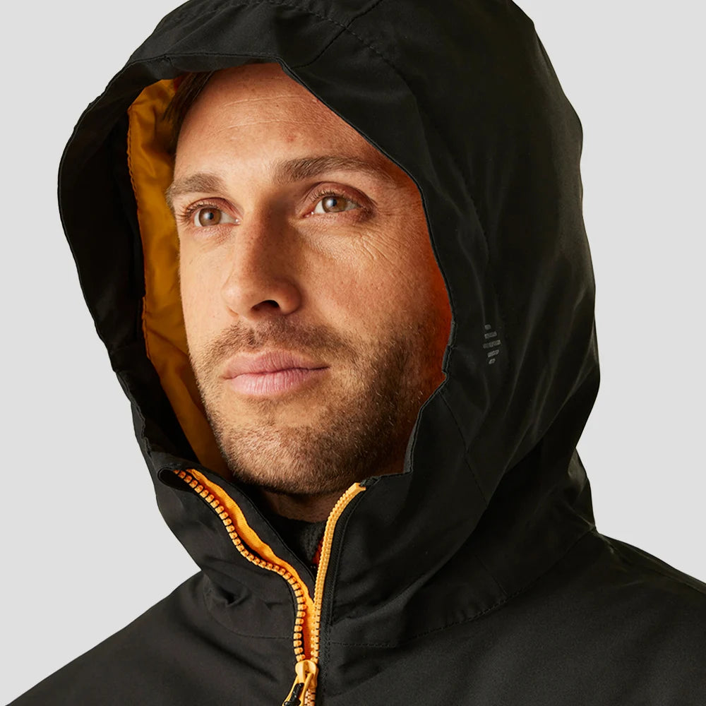 Hood close-up of the RG443 Regatta Navigate Waterproof Insulated Jacket in Black / Orange Pop