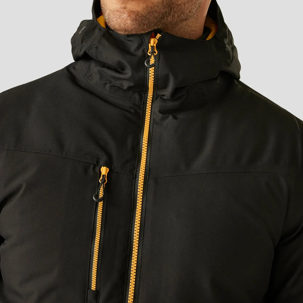 Close-up of Model wearing the RG443 Regatta Navigate Waterproof Insulated Jacket in Black / Orange Pop