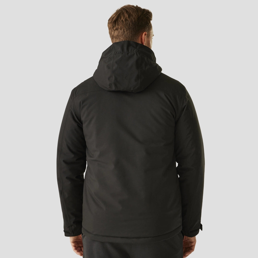 Rear view of Model wearing the RG443 Regatta Navigate Waterproof Insulated Jacket in Black / Orange Pop