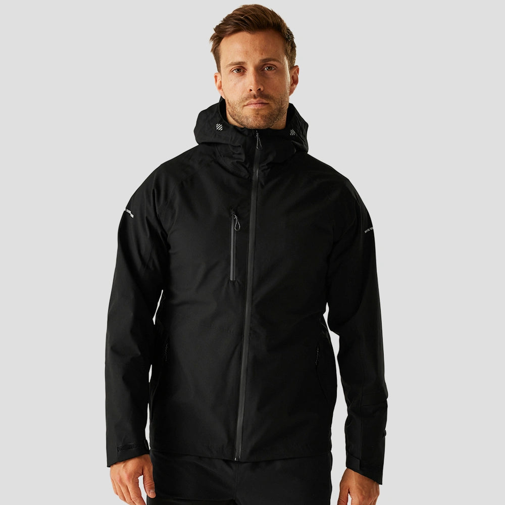 Model wearing the RG443 Regatta Navigate Waterproof Insulated Jacket in Black / Seal Grey