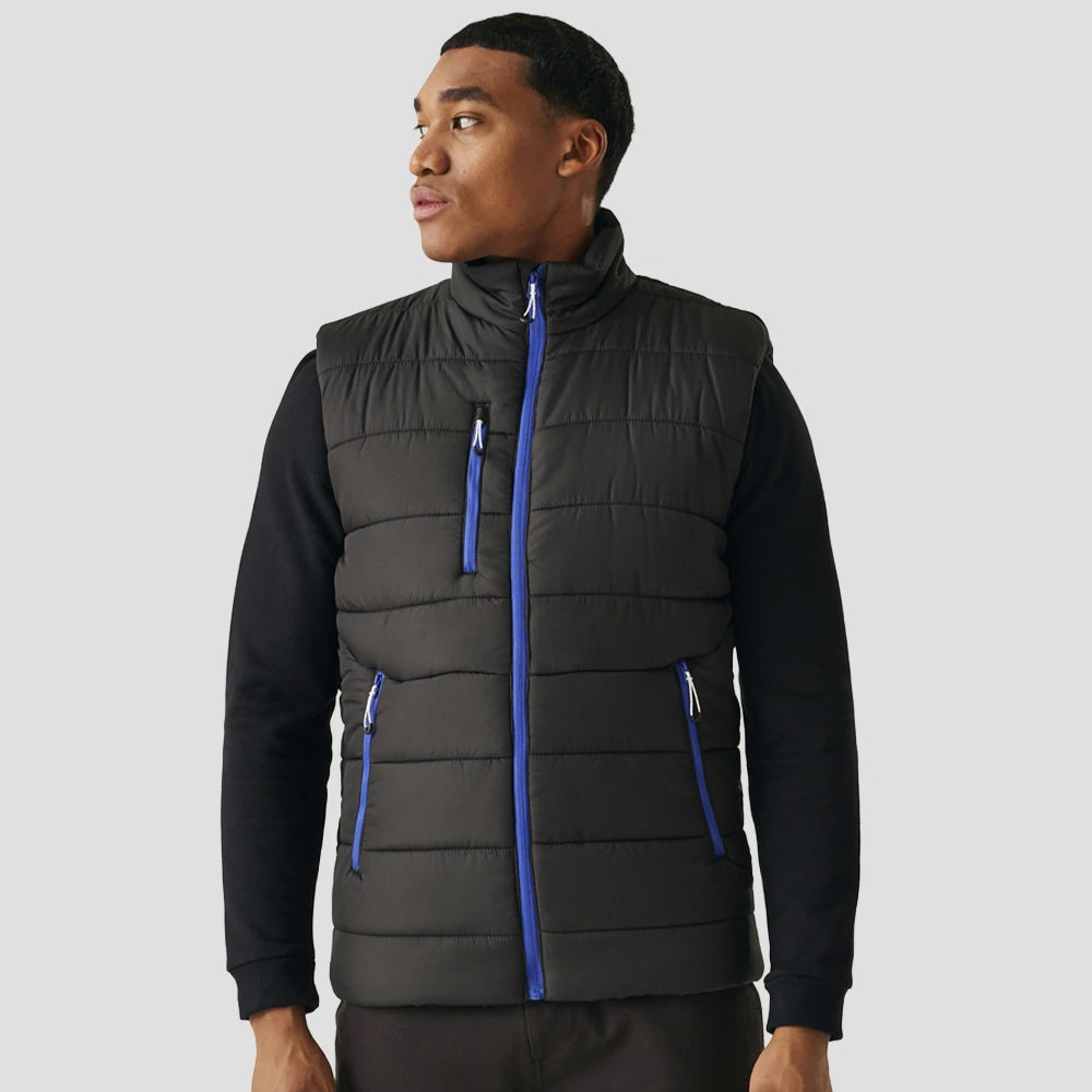 Model wearing the Regatta Navigate Thermal Bodywarmer in Black / New Royal Blue