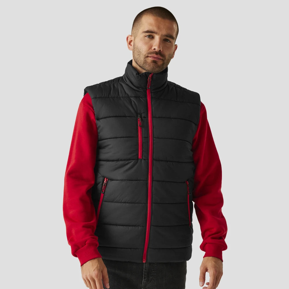 Model wearing the Regatta Navigate Thermal Bodywarmer in Black / Classic Red