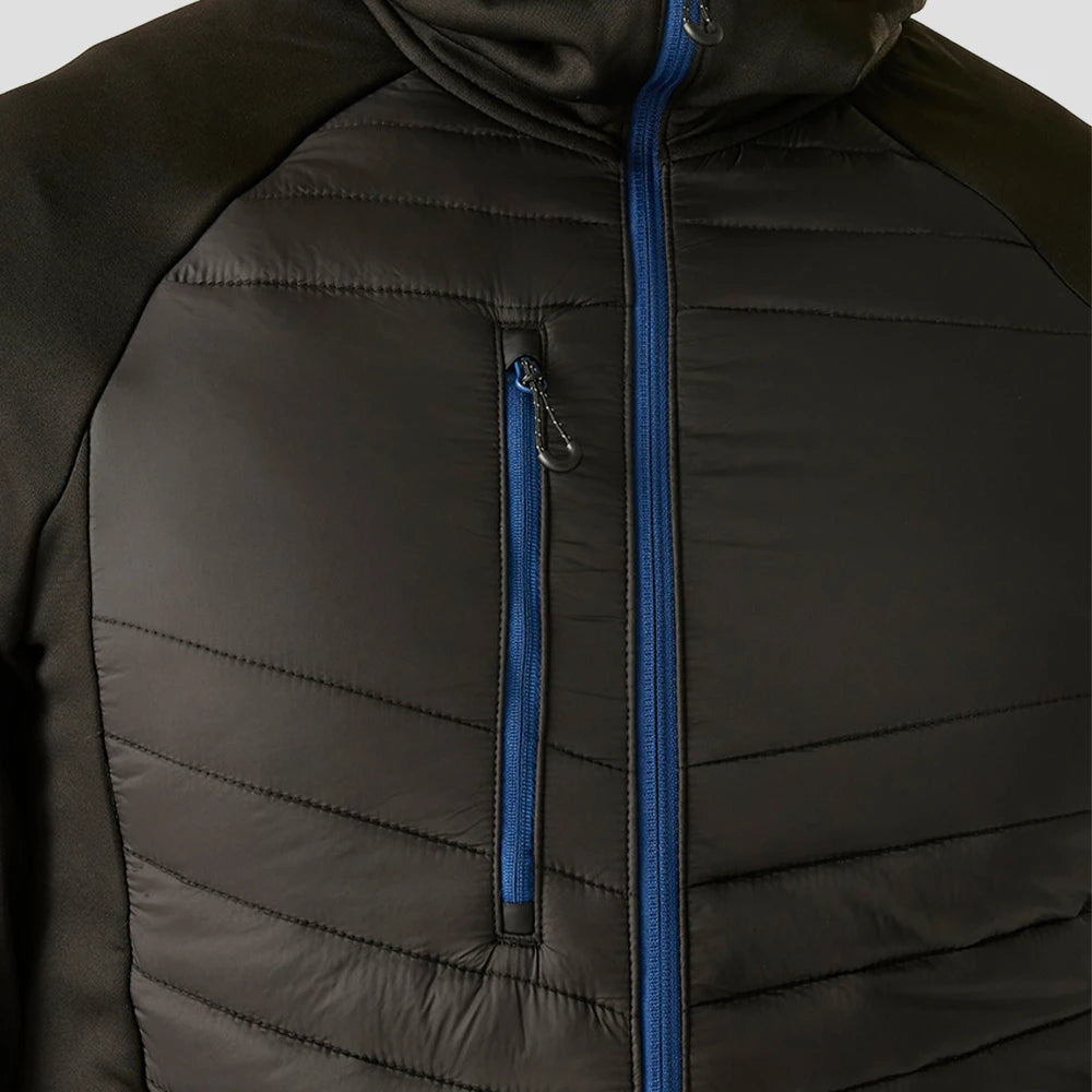 Model wearing the RG446 Regatta Navigate Hybrid Jacket in Black / New Royal Close-up Zip view