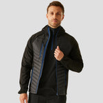 Model wearing the RG446 Regatta Navigate Hybrid Jacket in Black / New Royal